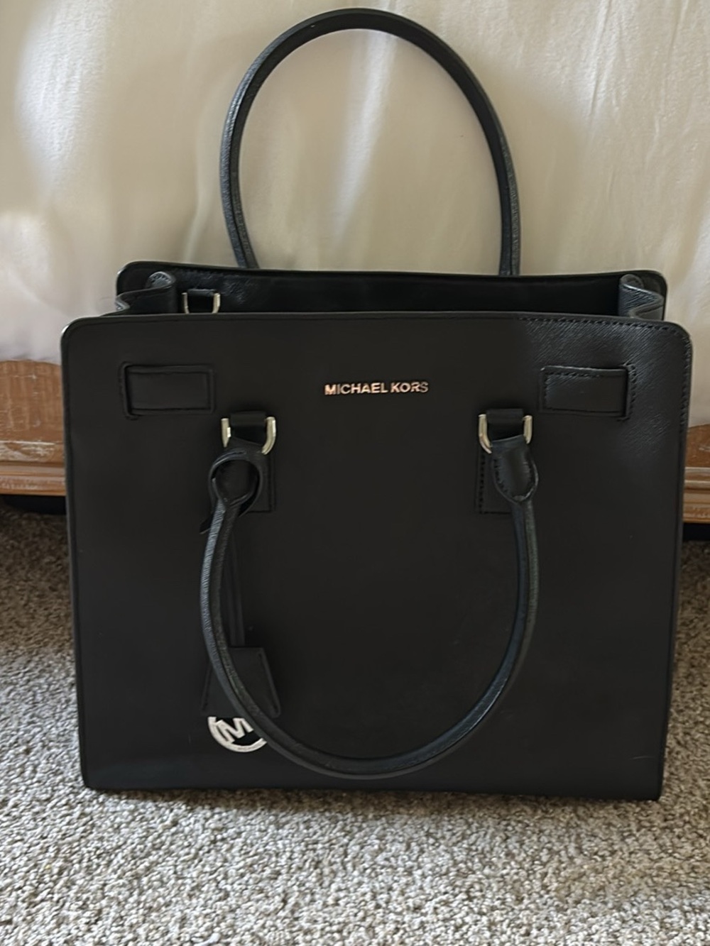 Michael Kors Black Leather Satchel with Gold Logo